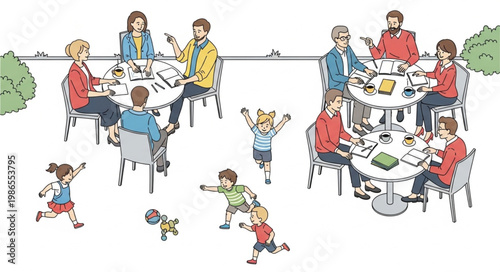 Diverse group of people enjoying outdoor dining and playing games together.