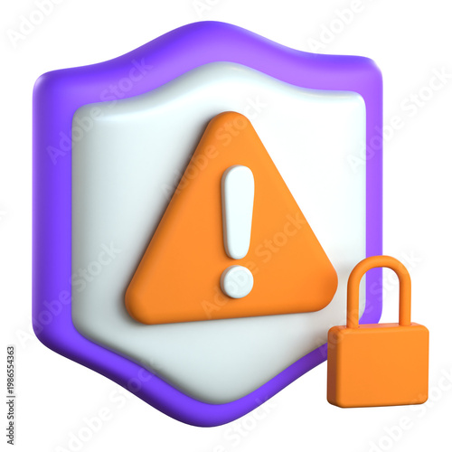 A 3D security shield with a warning exclamation mark and a small padlock representing threat detection and digital defense systems