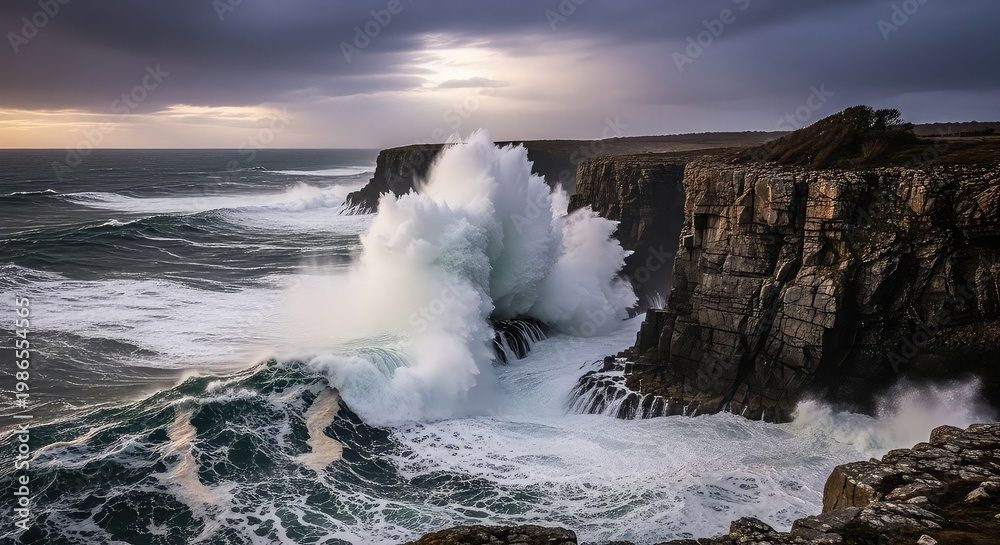 Fototapeta premium Large ocean wave crashing against rugged cliffside with dark stormy sky and sunlight peeking through clouds at sunrise or sunset
