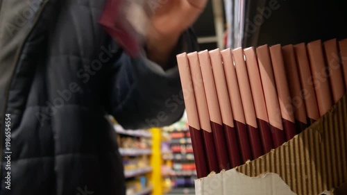 An elderly man with a shopping basket takes a chocolate bar from a retail display