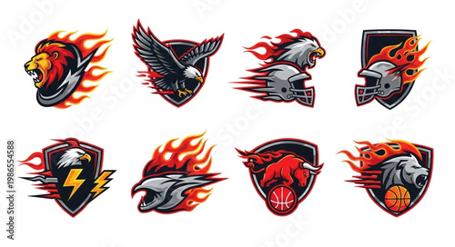 Collection of Fierce Animal and Sports Emblems with Flames.