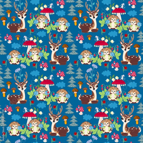 Forest seamless pattern with hedgehogs, deer and mice. Vector design with cute woodland animals, trees, mushrooms, flowers, strawberry bushes on blue sky background 