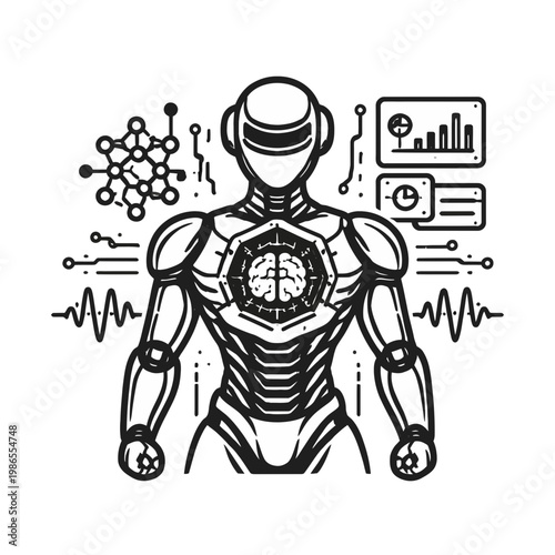 Futuristic robot icon representing artificial intelligence, data analysis, and scientific innovation with a brain circuit core