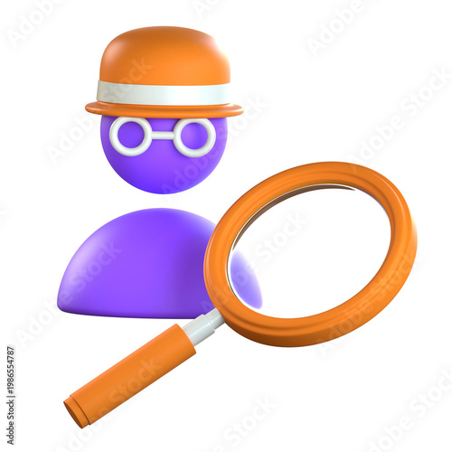 A 3D character icon representing a detective or inspector with a large orange magnifying glass used for security auditing and fraud investigation