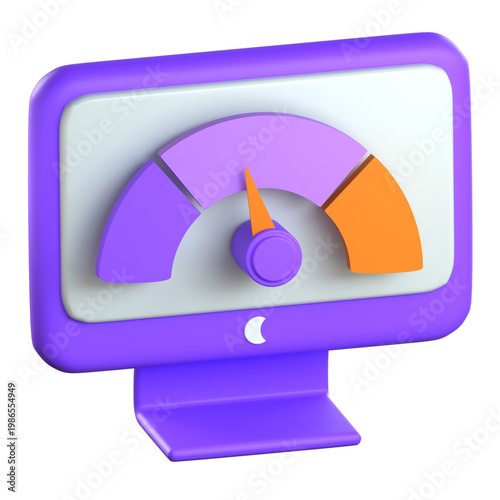 A 3D render of a computer monitor displaying a gauge or speedometer style dashboard for tracking business performance and key indicators