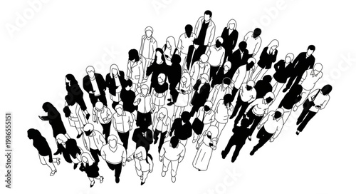 A large group of people seen from above in a black and white illustration.