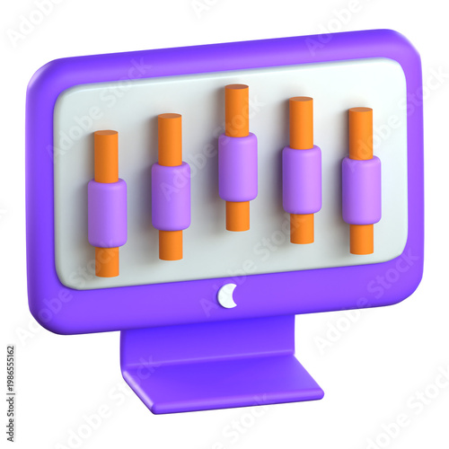 A 3D computer screen displaying a candlestick chart in purple and orange for tracking stock market trends and financial trading activity