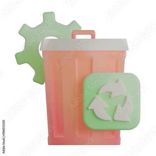 High quality 3D illustration of a trash bin with a recycling symbol and gear representing sustainable waste management