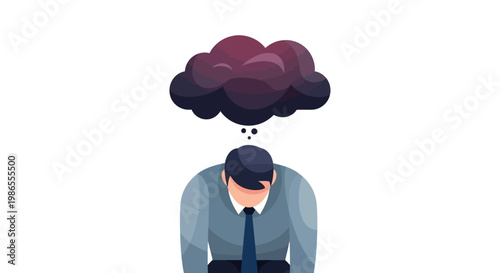 A stylized vector illustration depicts a man with his head down, a dark cloud hovering above him against a white background, conveying a mood of sadness and depression in a minimalist