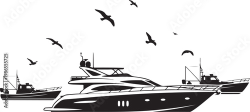 Luxury yacht, boat, sailing vessel, nautical icon, black and white vector