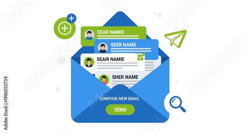 Digital Correspondence: An illustration of a modern concept of email communication, showing an open envelope containing message and icons that represent the act of sending and receiving