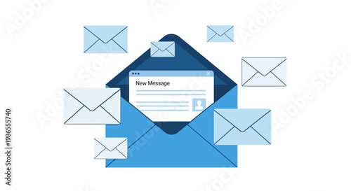 Email communication: A conceptual image illustrating the digital flow of electronic mail, featuring an opened envelope revealing a New Message interface, surrounded by floating email symbols.