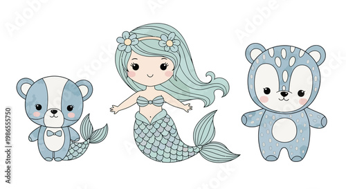 Whimsical Wonders: A sweet gathering of charming creatures, including a lovely mermaid and adorable bear, set against a backdrop filled with the enchantment of imagination. 