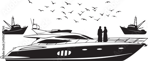 Luxury yacht, boat, silhouette, vector, nautical, sailing, black, white