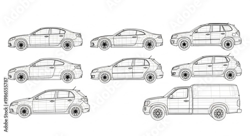 Collection of Hand Drawn Car Illustrations in Black and White.