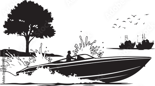 Speedboat, water sports, vector illustration, black silhouette, white background