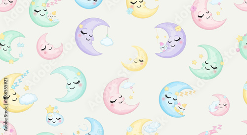 Celestial Slumber: A whimsical pattern of cheerful, pastel-colored crescent moons, each in a state of peaceful sleep, evoking a sense of tranquility and bedtime bliss.