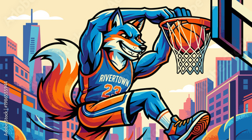 Energetic Wolf Basketball Player Dunking Ball.