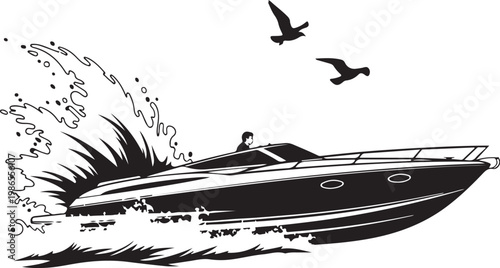 Speedboat, Black and White Vector, Water Sports, Nautical Illustration, Sailing