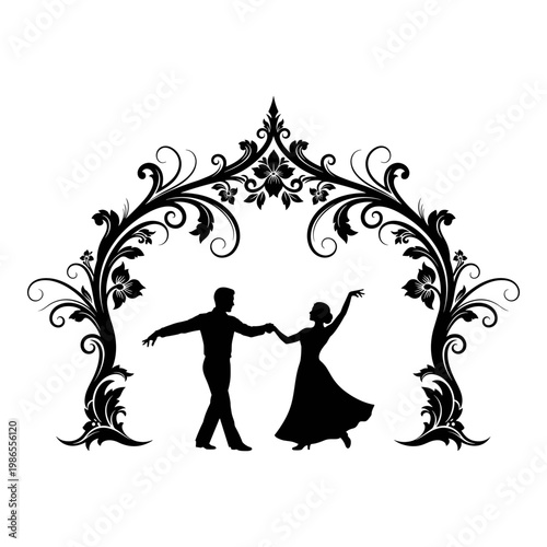 Elegant silhouettes of a couple dancing under ornate foliage archway Vector, illustration