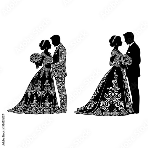 Elegant black and white wedding couple silhouettes sharing a tender moment Vector, illustration