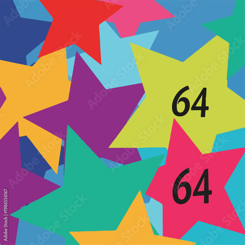 A colorful background with multiple stars and two 64s