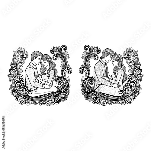 Elegant vintage illustrations of intimate moments between couples in ornate frames Vector, illustration