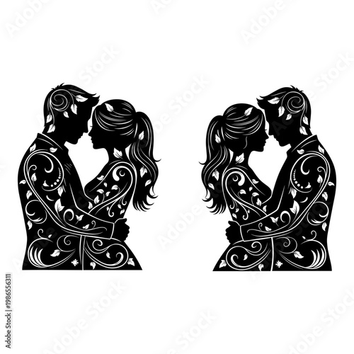 Intricate black and white silhouettes of embracing couples intertwined with ornate patterns Vector, illustration