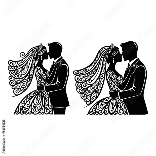 Elegant bride and groom sharing an intimate moment in traditional wedding attire. Vector, illustration
