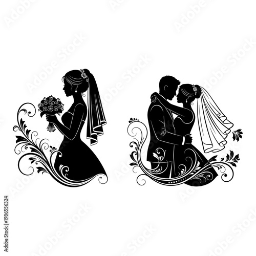 Elegant black and white wedding illustration of bride and groom embracing Vector, illustration
