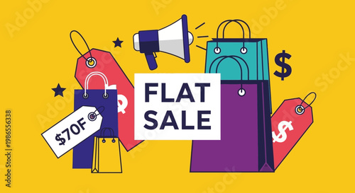 Flat Sale Advertisement: A bold and dynamic promotional graphic featuring shopping bags, price tags, and a megaphone, all set against a vibrant yellow backdrop, announces a flat sale.