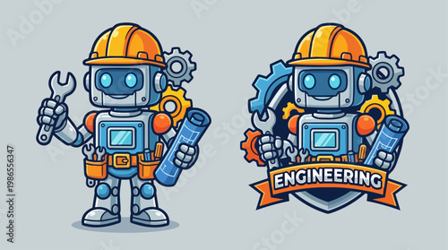 Two Cartoon Robots Wearing Construction Helmets.