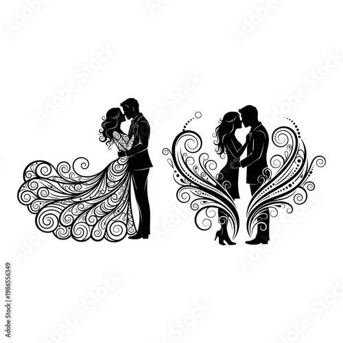 Elegant wedding silhouettes with intricate decorative flourishes Vector, illustration