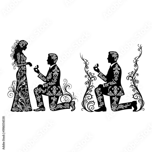 Elegant silhouettes of two men proposing to women in ornate settings Vector, illustration