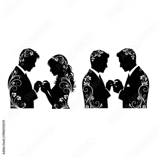 Elegant silhouettes of couples exchanging rings in formal attire Vector, illustration