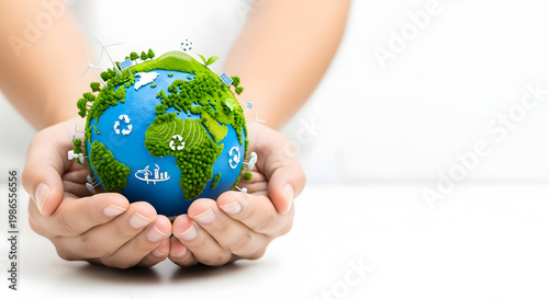 Human hands tenderly cradling a vibrant green Earth model adorned with diverse eco-friendly and recycling symbols, illustrating global environmental protection and a sustainable future