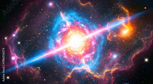 Distant cosmic explosion, a vibrant nebula with a powerful energy beam emanating from its core, representing the immense power of the universe