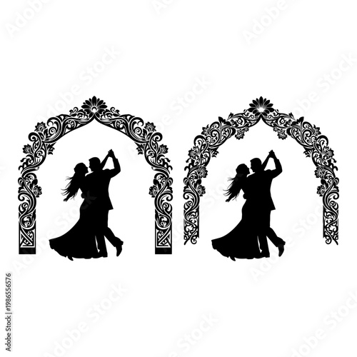 Elegant couple dancing under intricately designed archways in silhouette style Vector, illustration