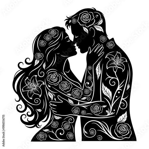 Elegant black and white floral embrace between two lovers Vector, illustration
