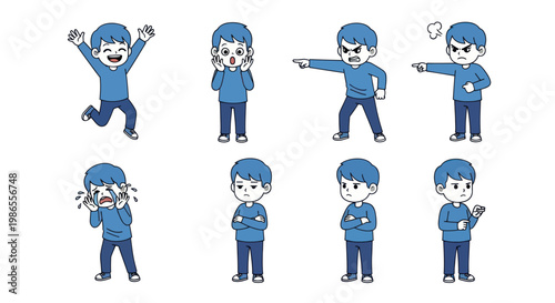 Cartoon boy in blue uniform poses.