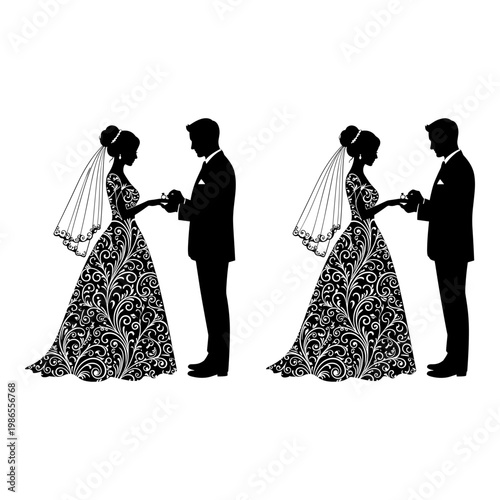 Two couples exchanging vows in elegant wedding attire silhouettes. Vector, illustration