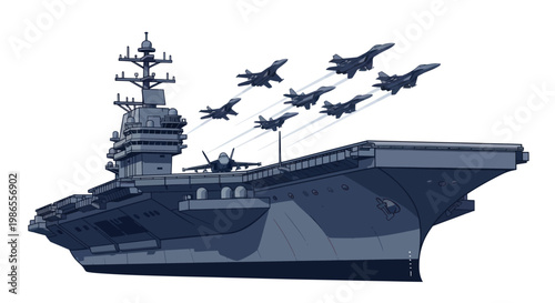Foto Aircraft Carrier with Fighter Jets Taking Off.