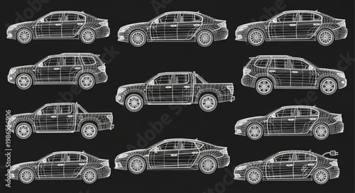 Collection of hand-drawn car sketches on a black background.