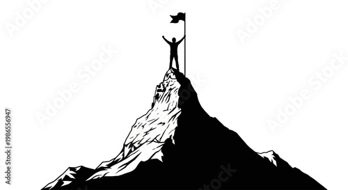 Person standing on mountain peak triumphantly.