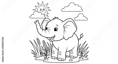 Smiling cartoon elephant with raised trunk.