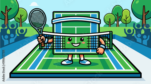 Cartoon Tennis Court Mascot Character On Playful Arena.