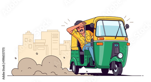 During the Indian summer heat, a distressed auto-rickshaw driver wipes sweat from his brow while navigating a bright sunny day in India, with a minimalist vector illustration style