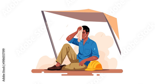 Under a makeshift shelter during the Indian summer heat, an exhausted laborer wipes sweat with a towel in a vector illustration against a white background, portraying the intense hot