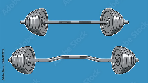 Set of heavy gym weights includes a straight barbell and an EZ curl bar for strength training and muscle building workouts.