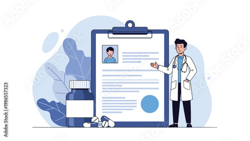 Medical professional presenting a health report with patient details on a clipboard alongside prescription medicine bottles and pills.